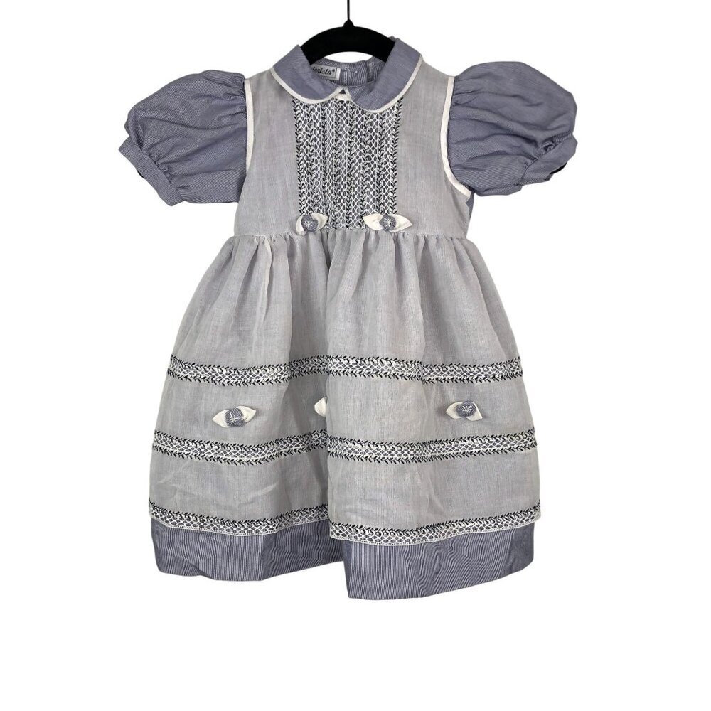 Maiorista Girls Blue White Smocked Dress Bow Flowers Puff Sleeves 18M Portugal